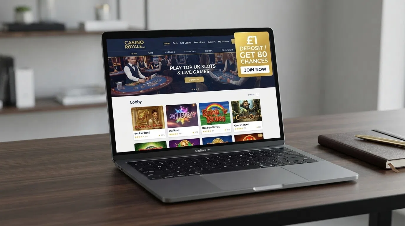 A side-by-side comparison view of UK casino homepages with their deposit-minimum information highlighted, showing the £1 badge on featured operator landing pages