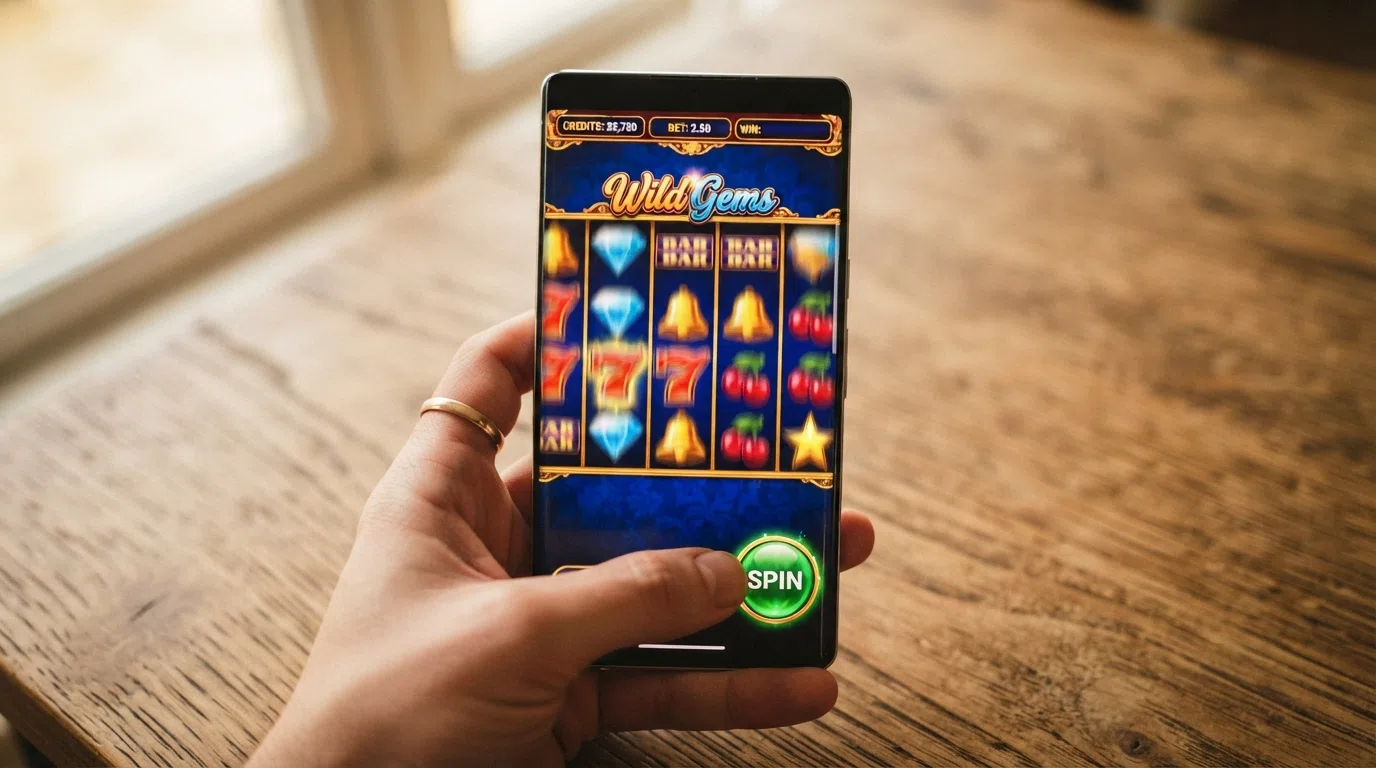 A close-up of a mobile slot game interface showing the spin button, a 10p stake selector, and a balance of £1.00, with the reels mid-spin