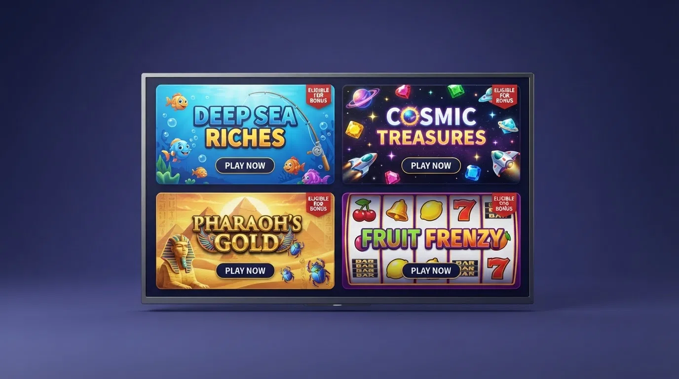 A grid of four slot-game title cards — Big Bass Bonanza, Starburst, Book of Dead and Eye of Horus — arranged on a casino lobby screen with an “eligible for bonus” badge visible on each
