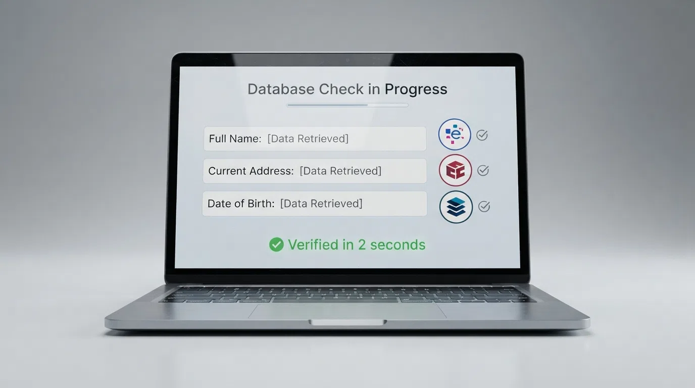 A laptop screen displaying a simplified database-check interface: name, address and date-of-birth fields alongside icons for Experian, Equifax and TransUnion, with a “verified in 2 seconds” confirmation message