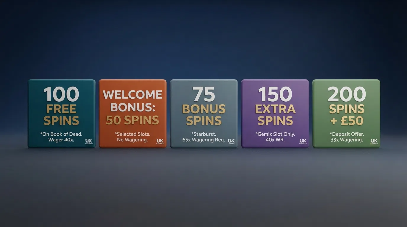 A side-by-side display of welcome-offer cards from multiple new UK casinos with their free-spin counts and wagering terms visible