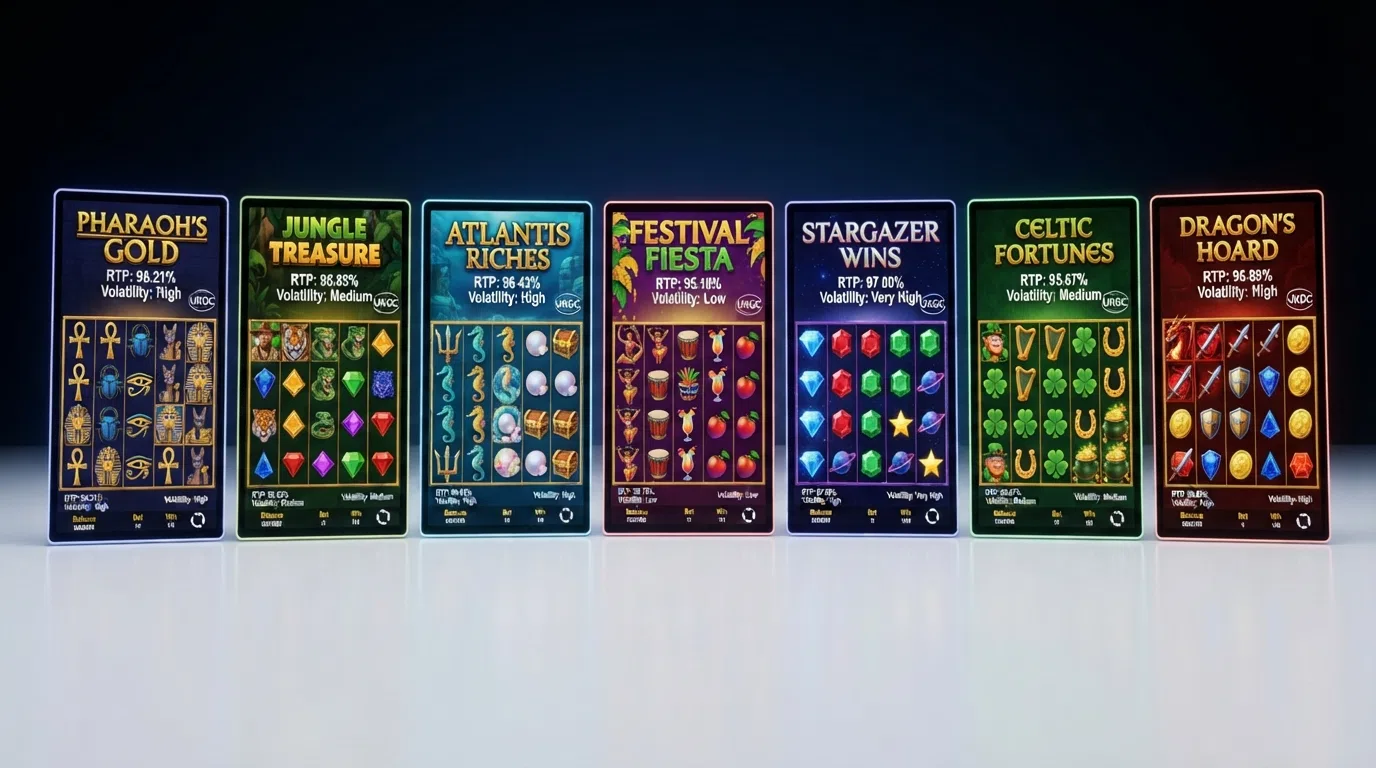 A side-by-side comparison graphic showing the seven featured 5-reel slot titles with their RTP percentages and volatility tiers