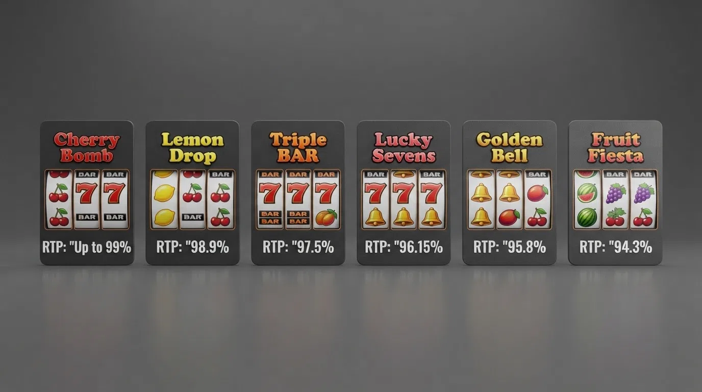 Six classic 3-reel slot game title cards arranged side by side with their RTP percentages displayed beneath each one