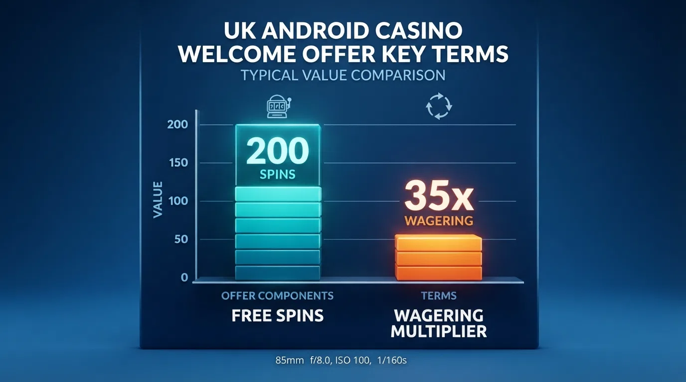 Side-by-side comparison graphic showing free-spin counts, wagering multipliers, and deposit minimums across the featured UK Android casino operators