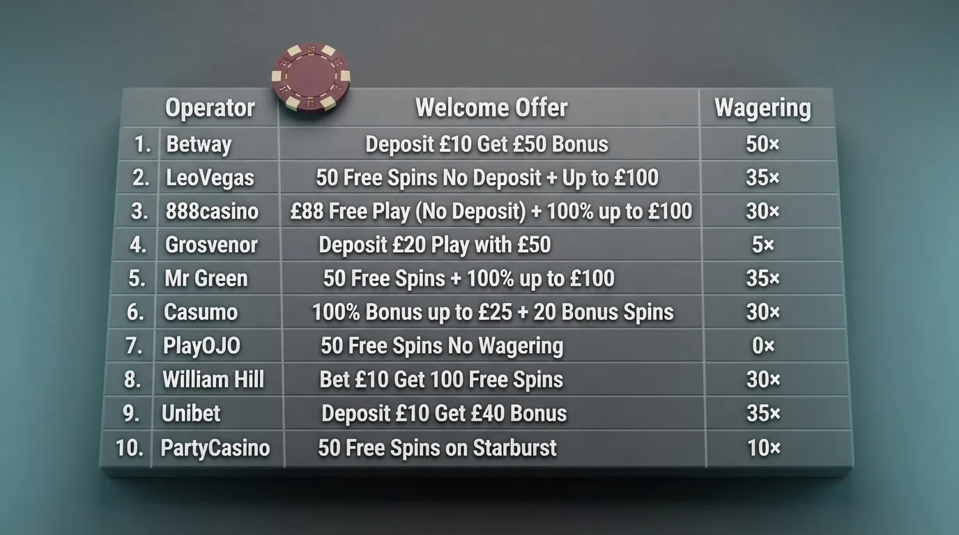 A side-by-side grid comparing the welcome offers, free-spins counts and wagering terms of the featured UK casino apps