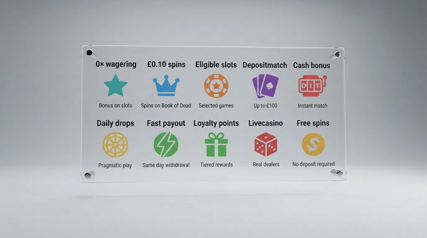 A grid of UK casino operator logos arranged above their key free-spin terms — spin count, wagering multiple and eligible slot name — styled as a clean comparison view