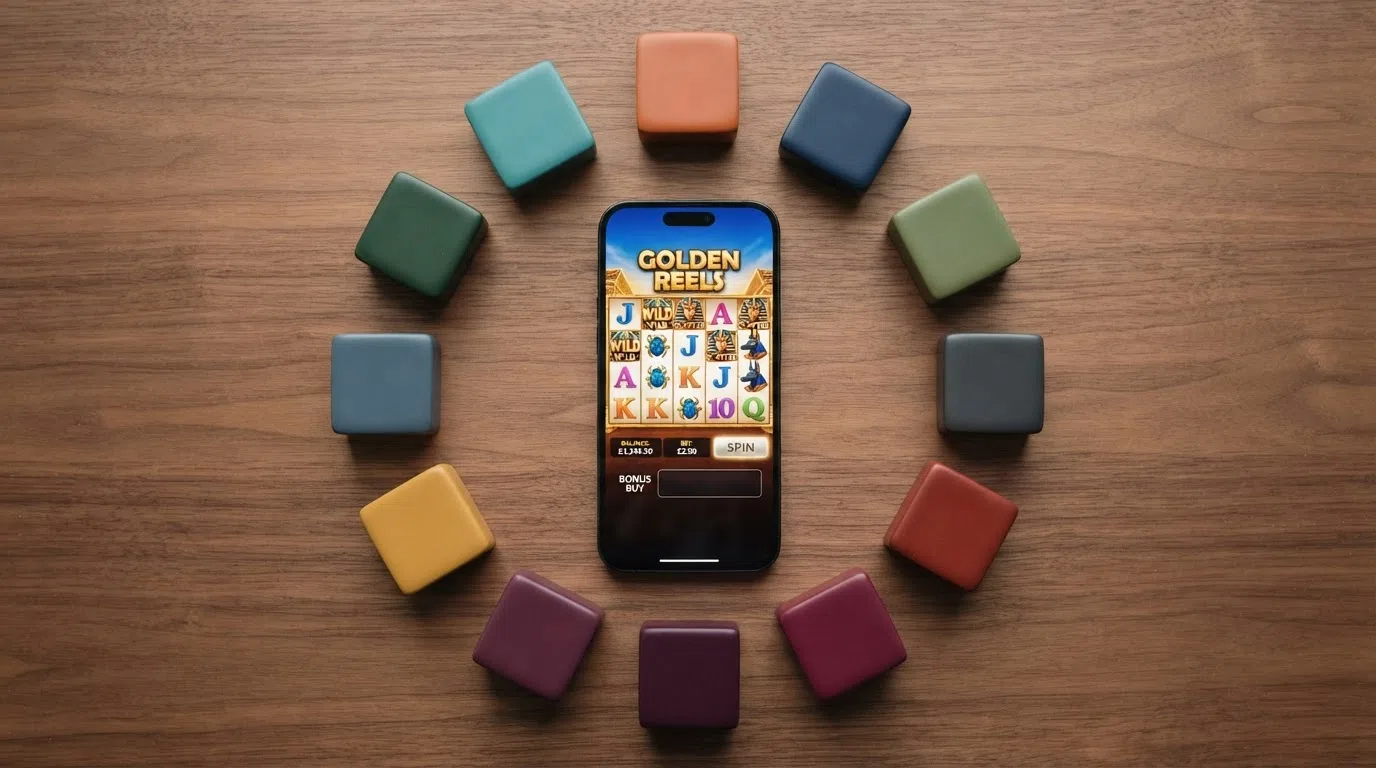 A grid of UK casino site logos arranged around a smartphone displaying a slot reels screen — the bonus buy button area is visibly empty