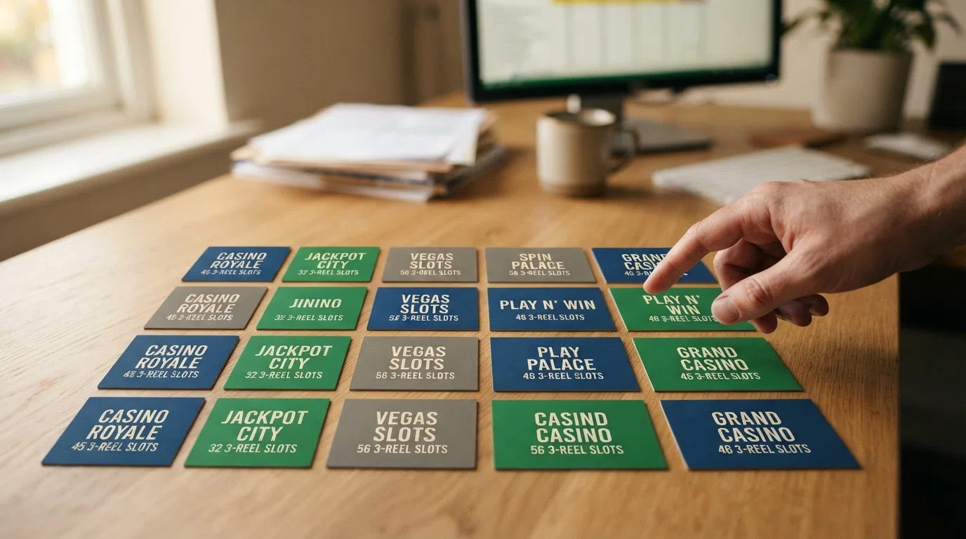 A grid of UKGC-licensed casino operator logos annotated with the number of classic 3-reel slots in each catalogue