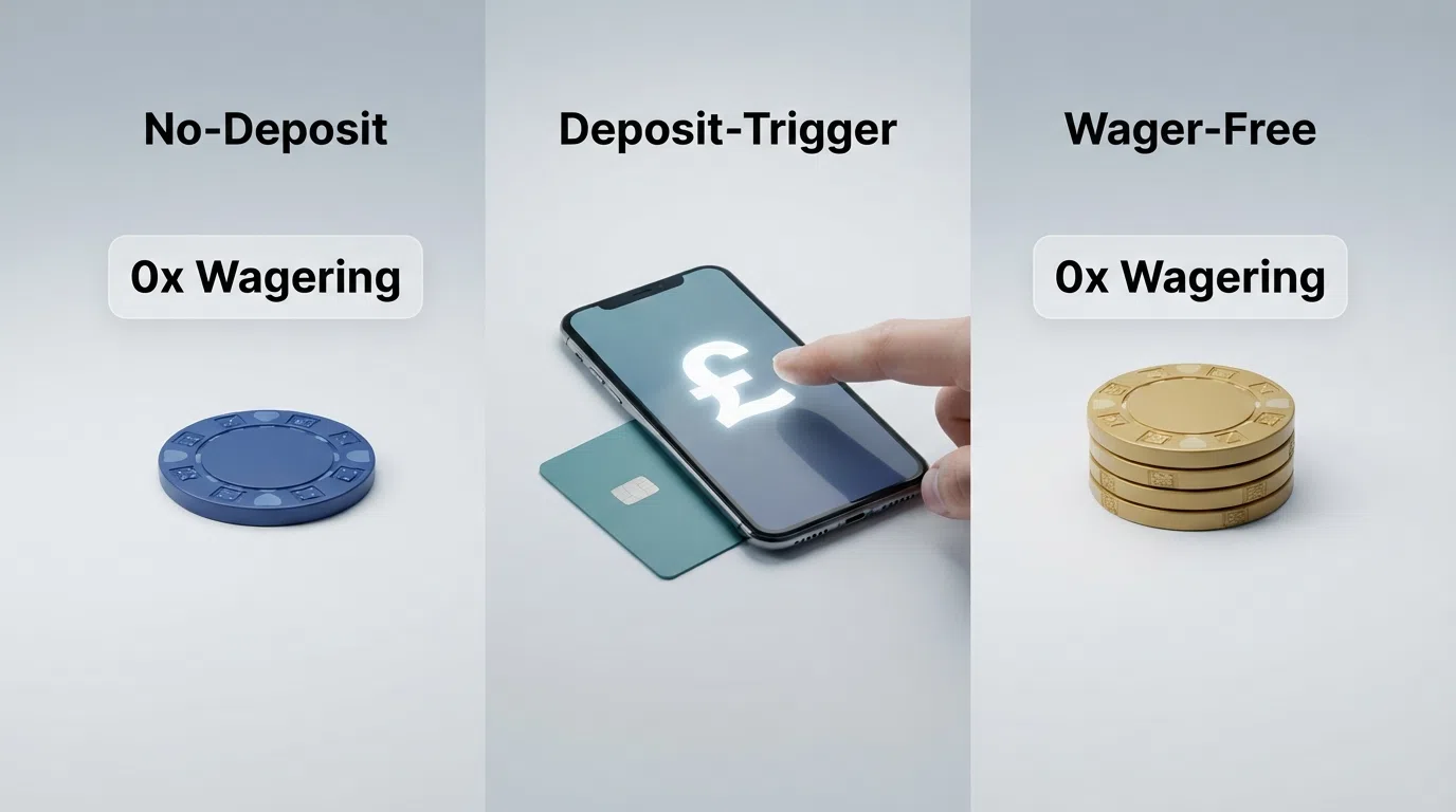 Three labelled columns illustrating the no-deposit, deposit-trigger and wager-free spin mechanics side by side