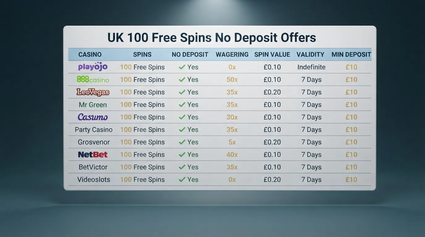 A ranked comparison table displaying UK casino names alongside their free-spin counts, wagering conditions, deposit requirements, and spin values