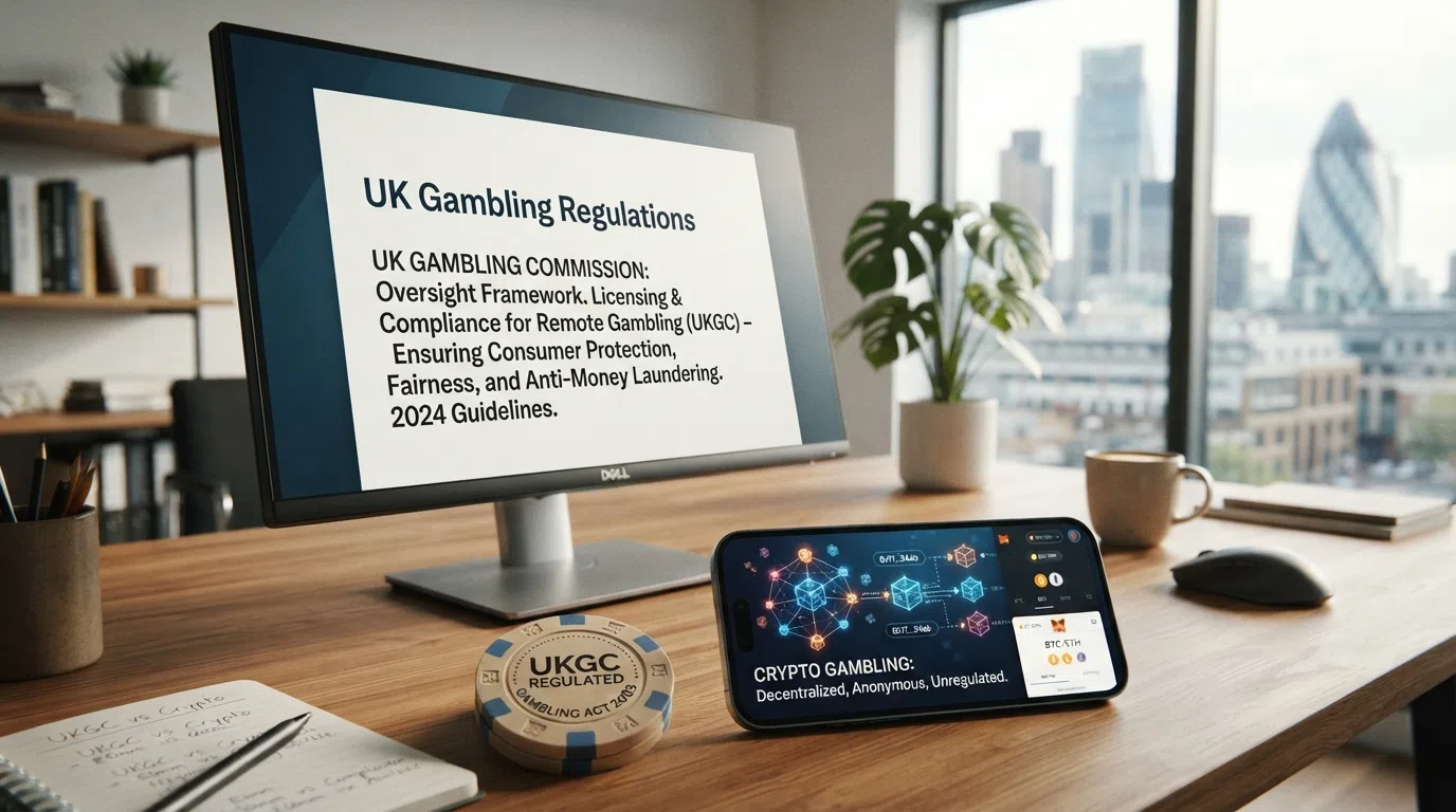 A UK Gambling Commission logo or building exterior beside a digital representation of the Binance Coin blockchain, illustrating the gap between regulation and crypto gambling