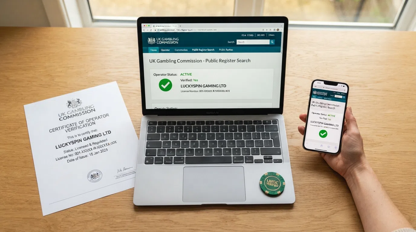 A close-up of a UK Gambling Commission licence badge and a public-register search screen showing an operator's status