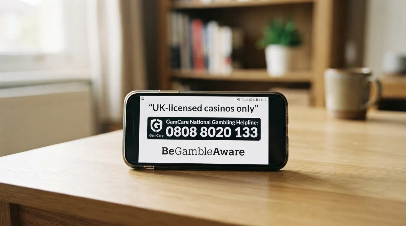 A smartphone screen showing the GamCare National Gambling Helpline number (0808 8020 133), the GamStop logo with a crossed-out “offshore” note, and the BeGambleAware logo