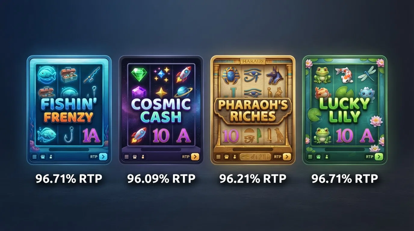 Four popular UK online slot title cards — Big Bass Splash, Starburst, Book of Dead and Big Bass Bonanza — arranged beside their RTP percentages