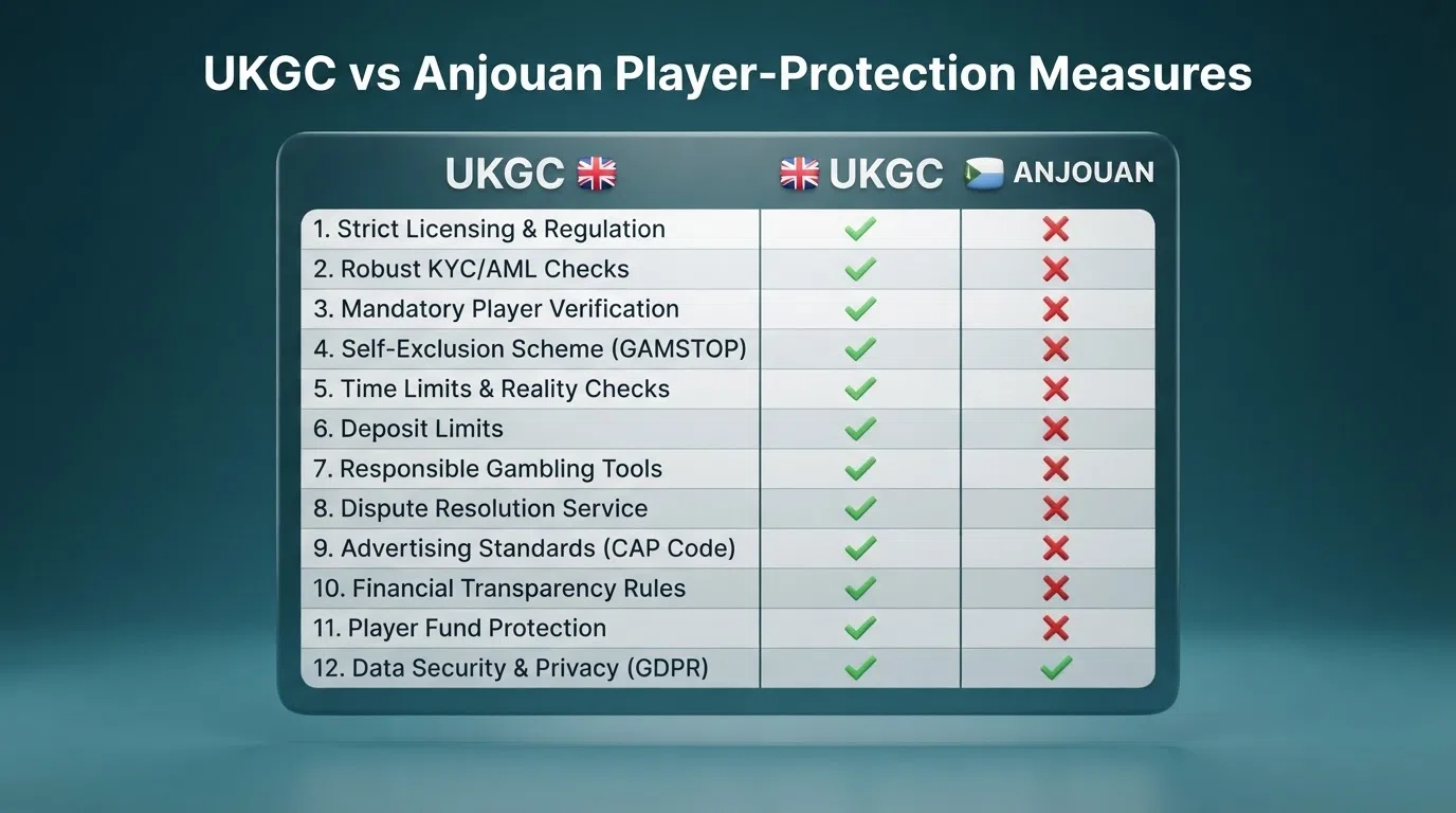 Side-by-side comparison chart of UKGC and Anjouan player-protection measures with checkmarks and crosses