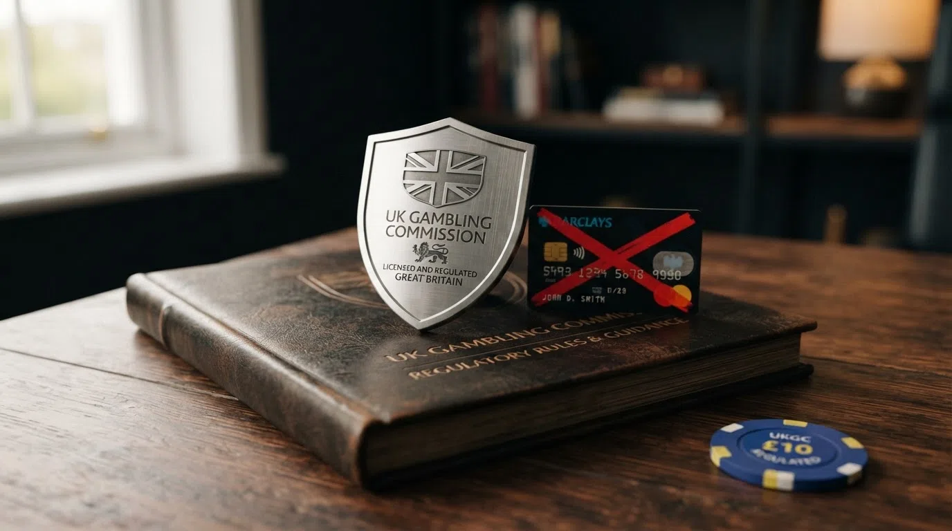 The UK Gambling Commission logo beside a shield icon and a credit card crossed out in red, with a simplified visual of the three licensing objectives beneath