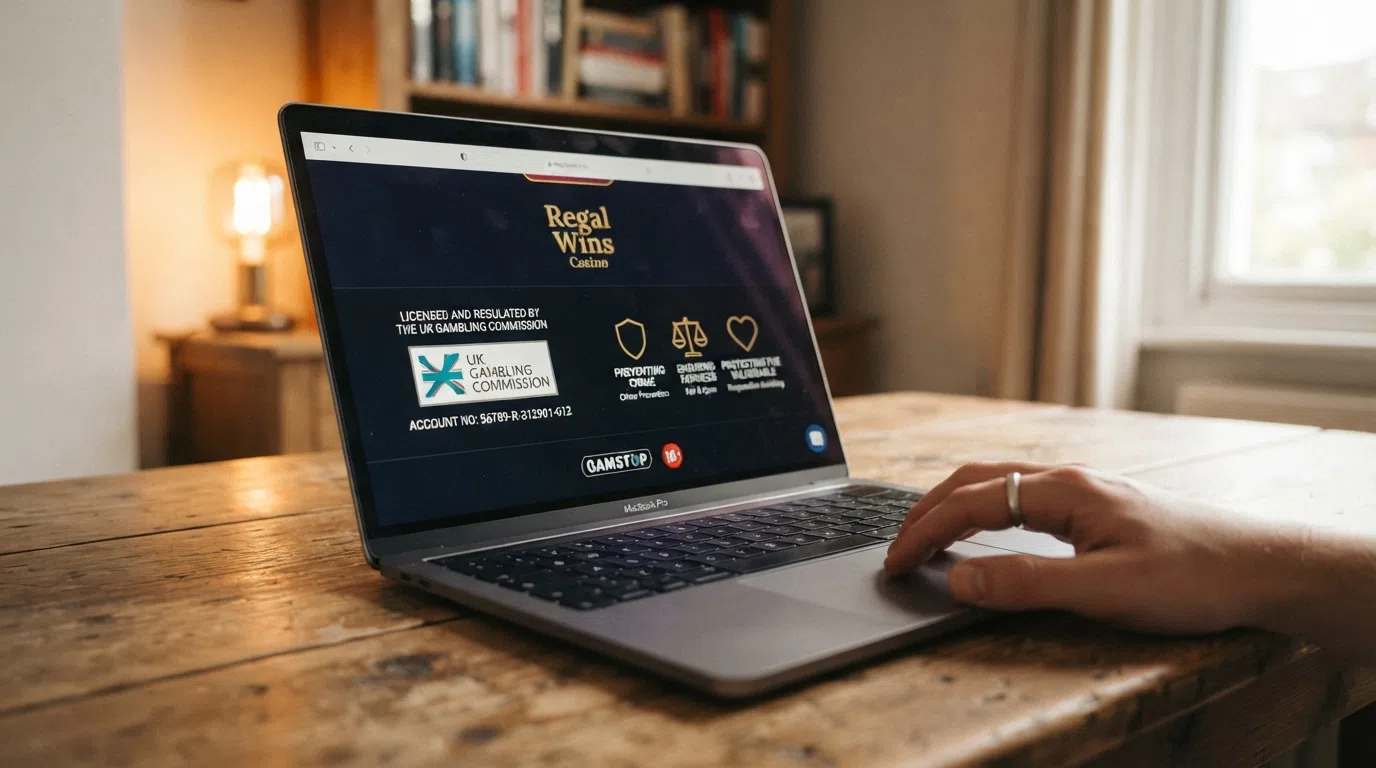 A close-up of a UK Gambling Commission licence certificate displayed on a casino site footer, with the account number and the three licensing-objective icons visible beside it