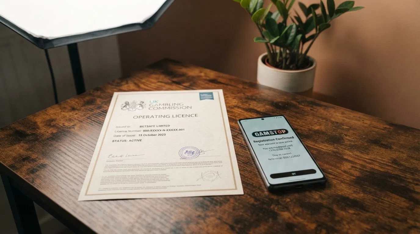 A stylised depiction of a UK Gambling Commission licence certificate alongside a smartphone showing a GAMSTOP registration confirmation screen, with the UKGC logo visible