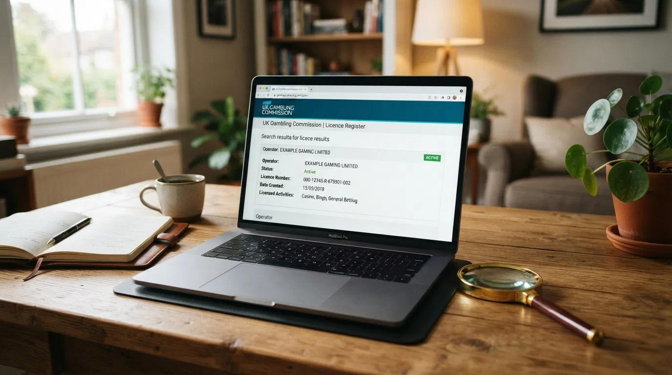 The Gambling Commission licence register search page open on a laptop browser, with an active operator licence result highlighted and a magnifying glass graphic emphasising the search action.