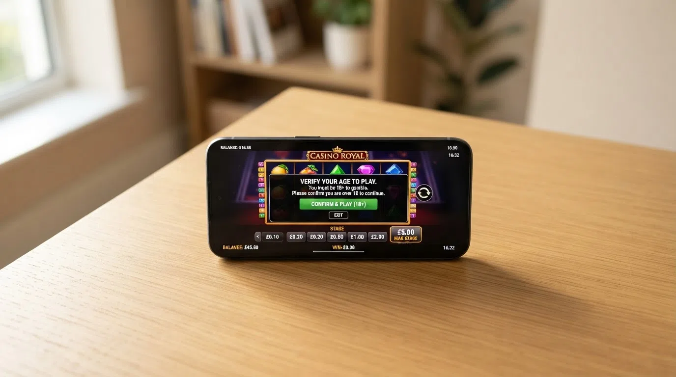 A UK slots screen with a stake selector capped at £5 and an age-verification prompt showing