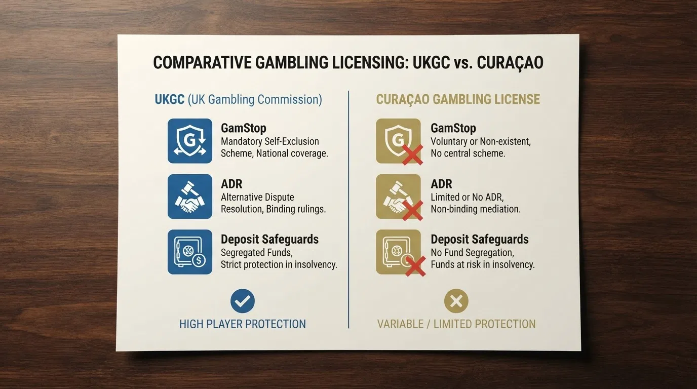 A split-screen diagram comparing the protections a UKGC licence guarantees against what a Curaçao licence provides, with GamStop, ADR and deposit safeguards highlighted
