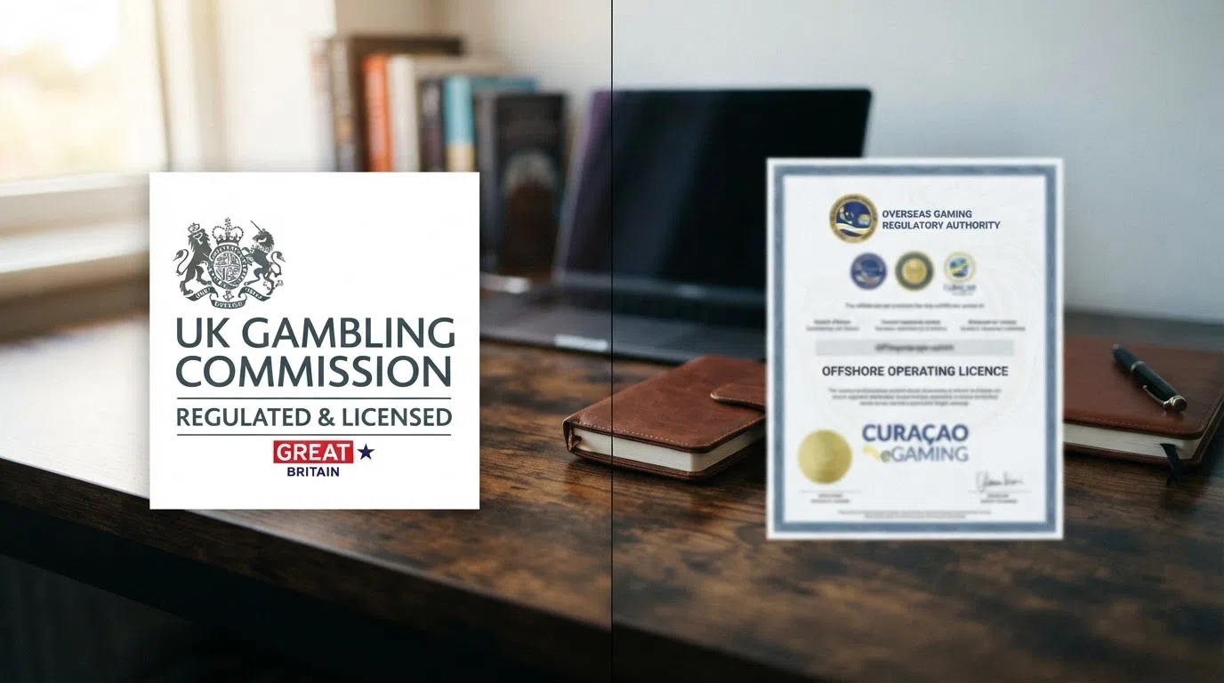 A split illustration of a UK Gambling Commission badge on one side and an offshore licence certificate on the other
